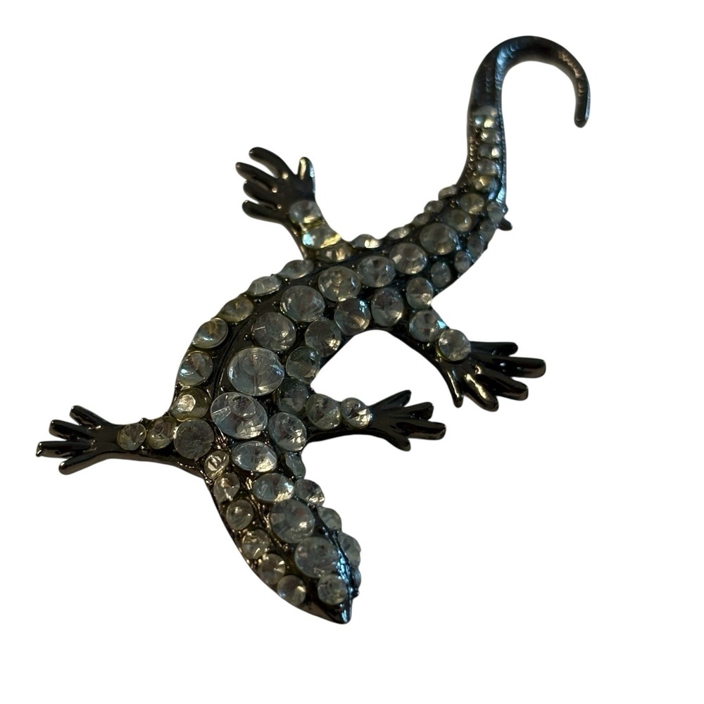 Lizard Gecko‎ Brooch Pin Salamander Clear Rhinestone Vintage Dark Silver Tone